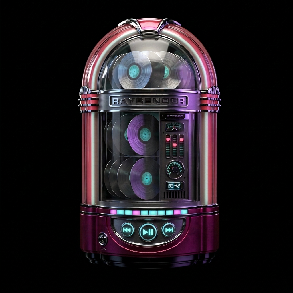 The Raybender jukebox, a chrome and magenta cabinet holding glowing vinyl records